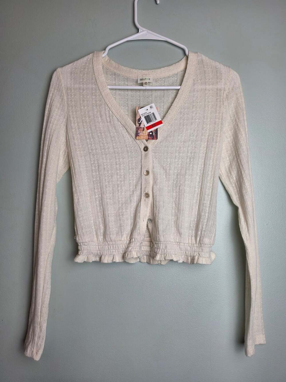 Coquette Balletcore Self E Juniors V-Neck Button Ruffle Hem Cropped Long Sleeve